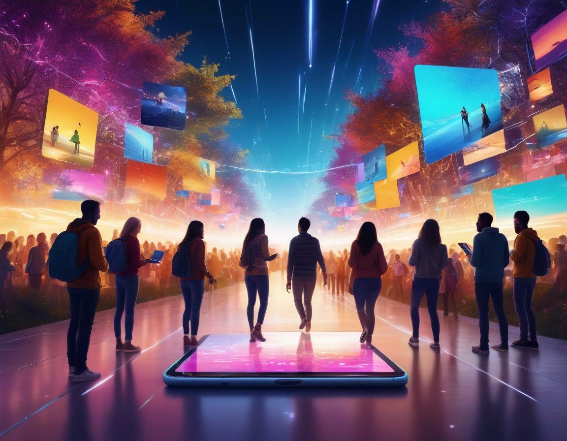 A vibrant digital landscape showcasing diverse media forms like music, videos, and photos in a joyful environment. People of different backgrounds enjoying and sharing their media on various devices, with shining paths of light representing the sharing connections between them. The scene is bright and lively, evoking a sense of delight and community in digital experiences. ultra-realistic. bright colors. dynamic composition.