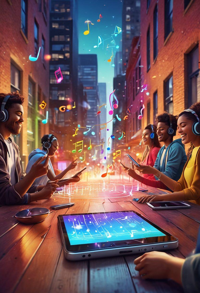 A joyful group of diverse individuals sharing music on their devices in a vibrant urban setting. Include bright music notes and colorful sound waves flowing around them, symbolizing connection and happiness. Add a digital overlay of various music platforms subtly in the background. The atmosphere should be lively and energetic, capturing the essence of a music movement. super-realistic. vibrant colors. 3D.